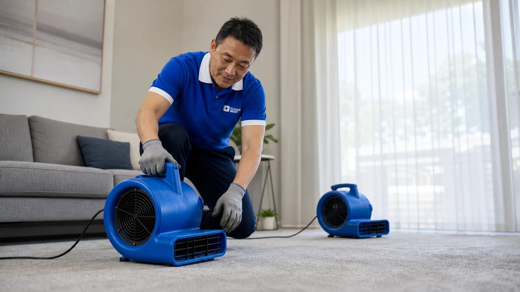 Clean Best technician running hot-water extraction across a lived-in carpet in Newington NSW
