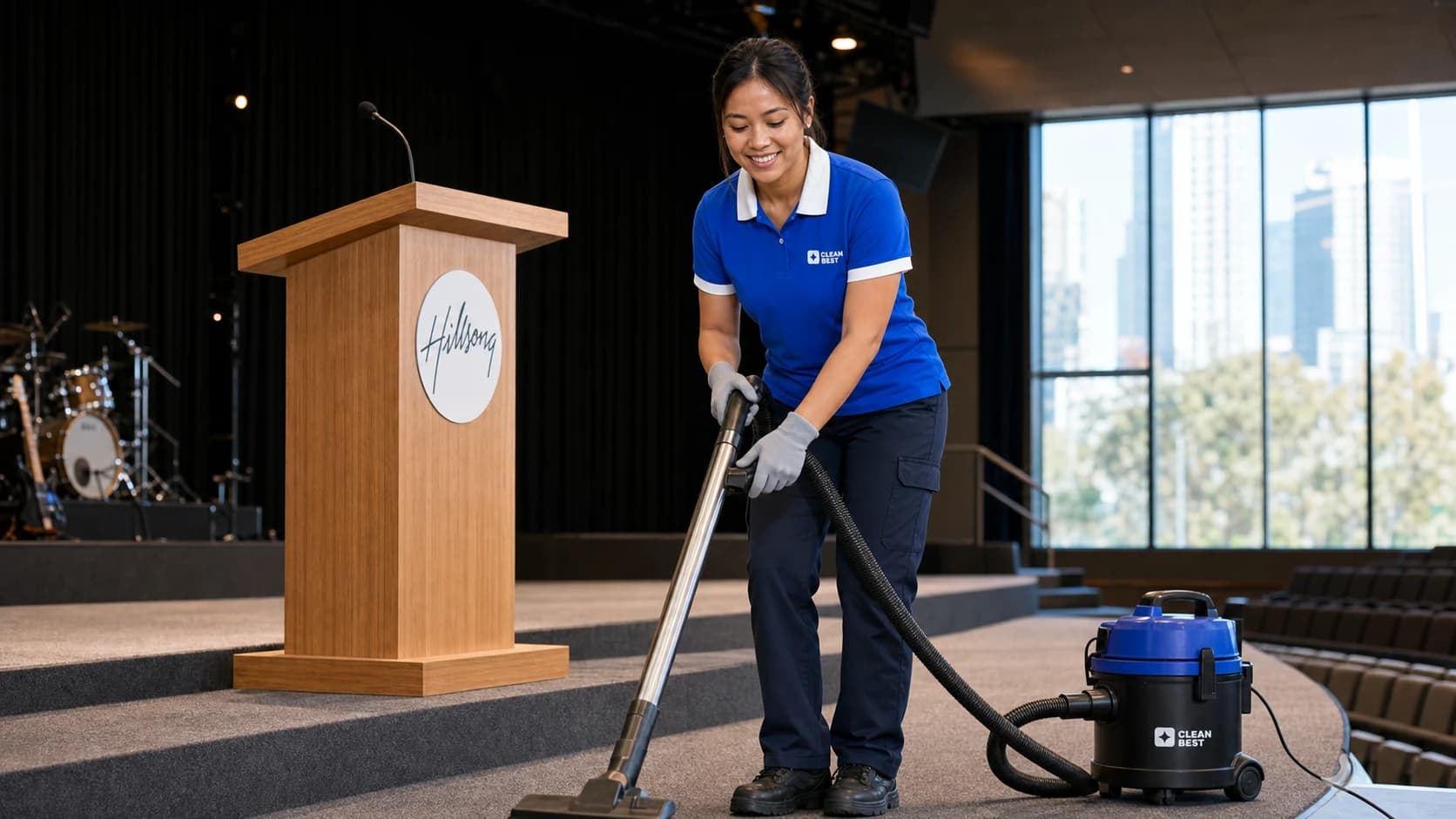 Clean Best cleaner vacuuming the aisle of a suburban church hall serving Newington NSW