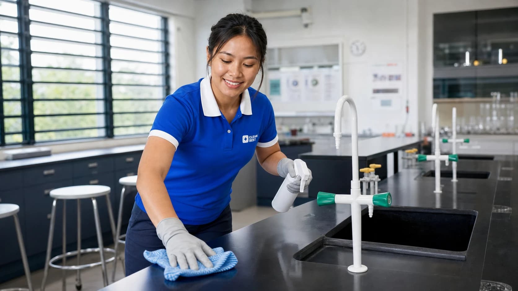 Clean Best cleaner mopping a covered walkway outside classrooms at a school in Newington NSW