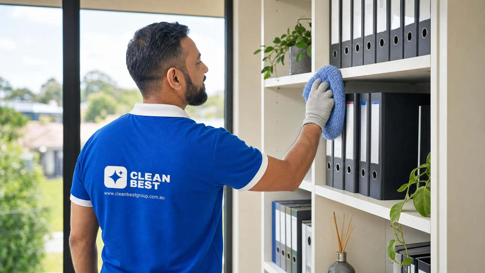 Clean Best cleaner sanitising desks in a suburban office floor near Newington NSW