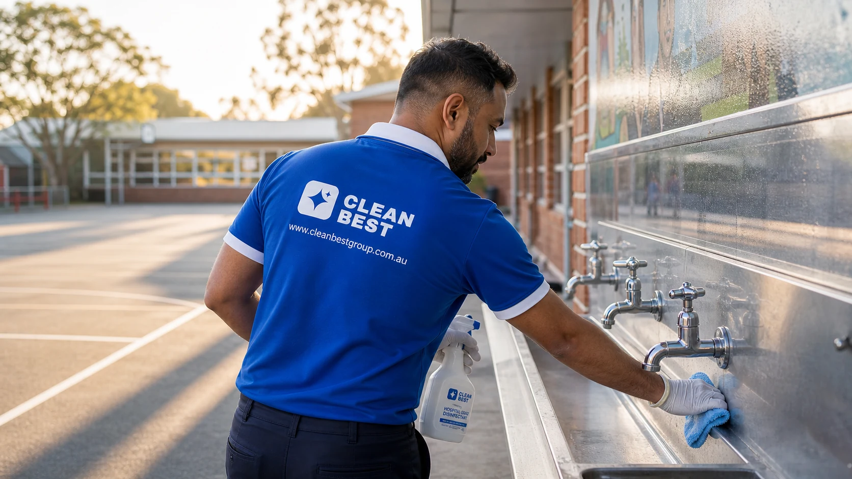 Clean Best cleaner mopping a covered walkway outside classrooms at a school in Newington NSW